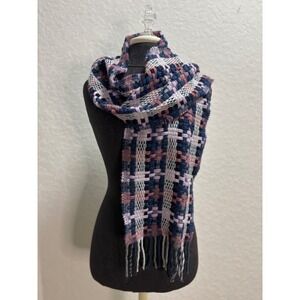 Italian Lambswool Acrylic Blend Plaid Fringe Scarf Blue Pink Gray Sparkle